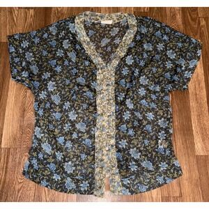 Converse One Star Blue Floral‎ Sheer Chiffon V-Neck Blouse Top Womens Small